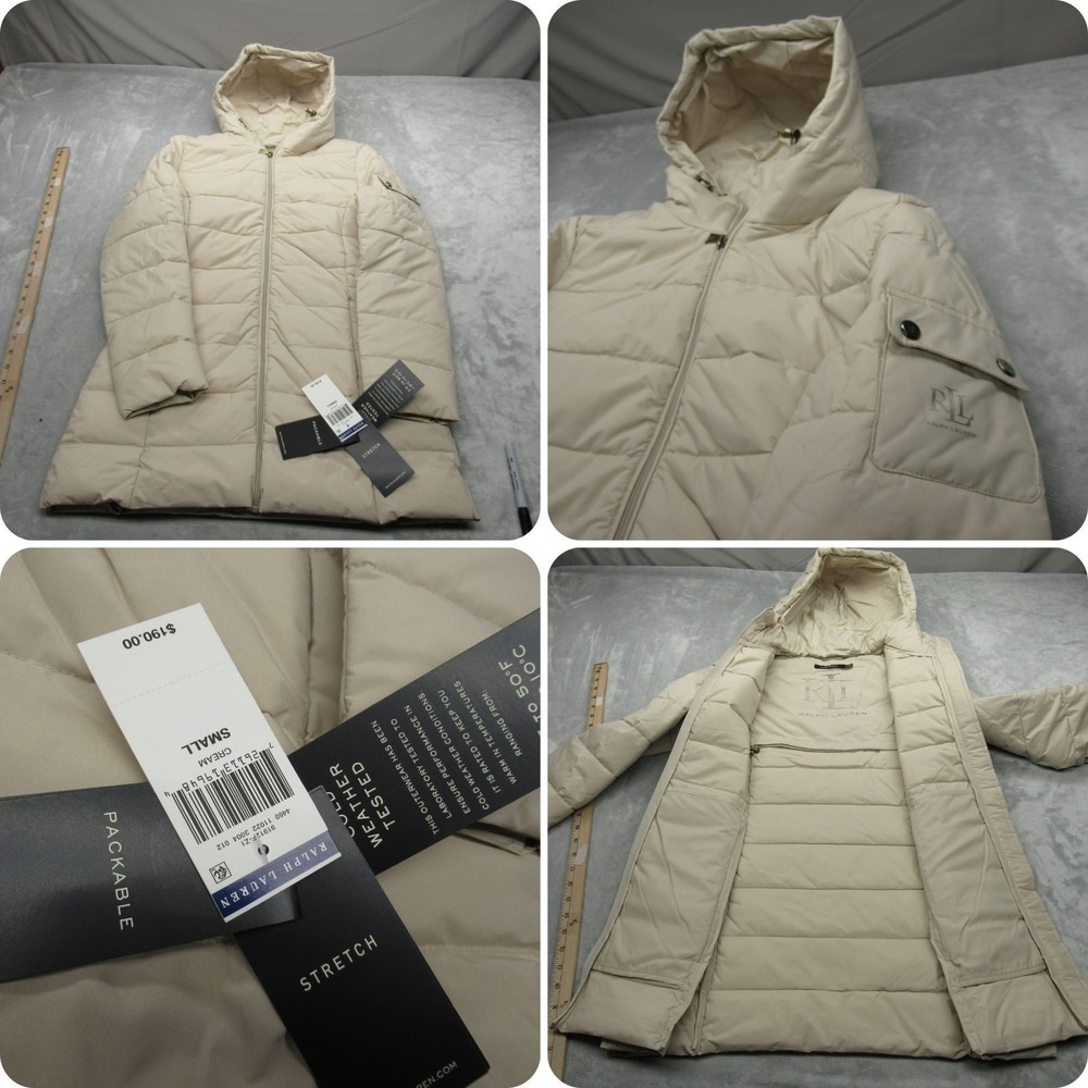 Ralph Lauren Down Jacket Womens‎ Small Cream Packable Hooded Stretch Down Puffer